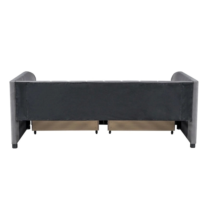 Divano letto singolo in velluto grigio/rosa/beige con testiera a righe e 2 cassetti (singolo)