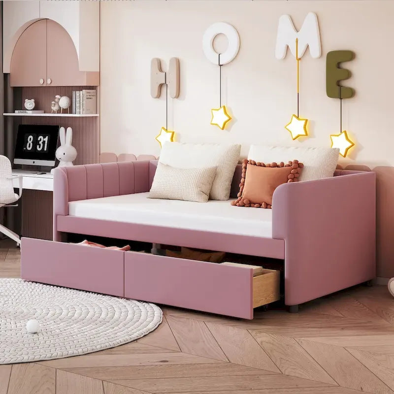 Divano letto singolo in velluto grigio/rosa/beige con testiera a righe e 2 cassetti (singolo)