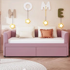 Divano letto singolo in velluto grigio/rosa/beige con testiera a righe e 2 cassetti (singolo)