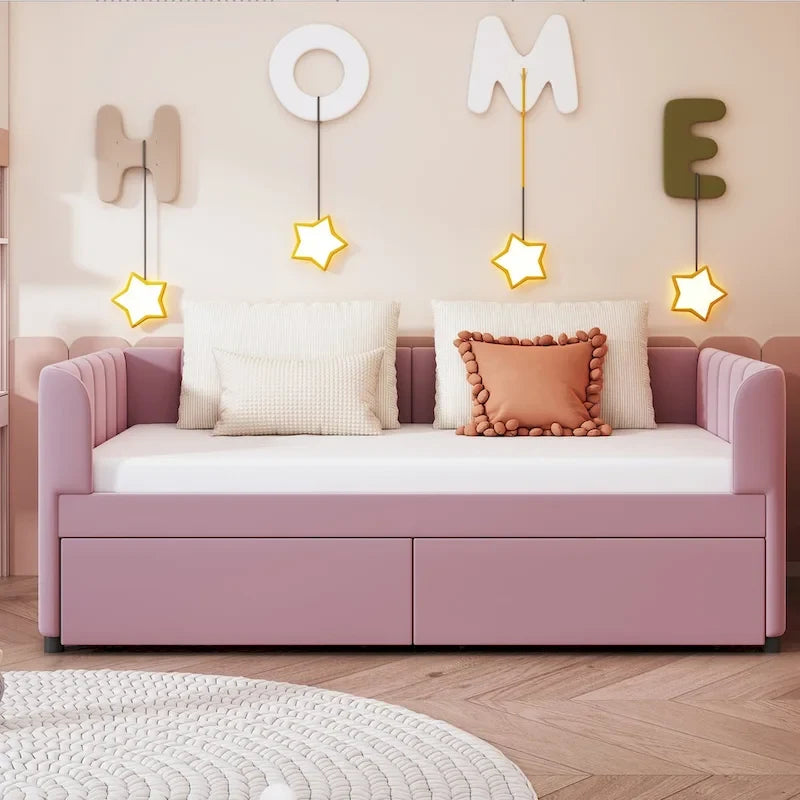 Divano letto singolo in velluto grigio/rosa/beige con testiera a righe e 2 cassetti (singolo)