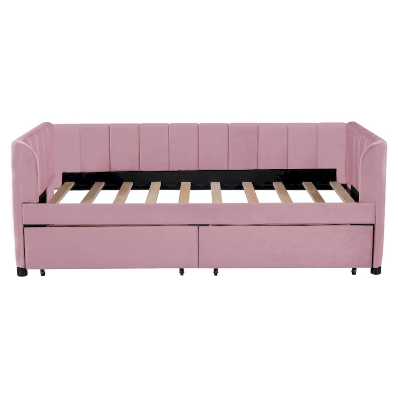 Divano letto singolo in velluto grigio/rosa/beige con testiera a righe e 2 cassetti (singolo)