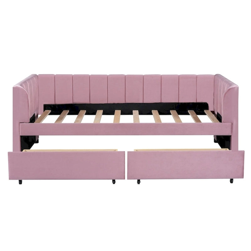 Divano letto singolo in velluto grigio/rosa/beige con testiera a righe e 2 cassetti (singolo)