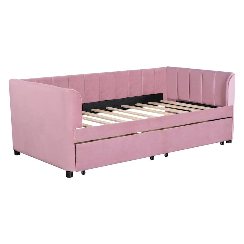 Divano letto singolo in velluto grigio/rosa/beige con testiera a righe e 2 cassetti (singolo)