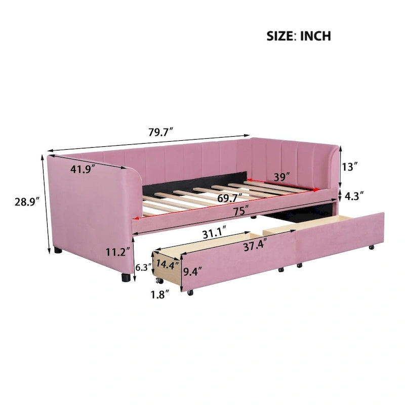 Divano letto singolo in velluto grigio/rosa/beige con testiera a righe e 2 cassetti (singolo)