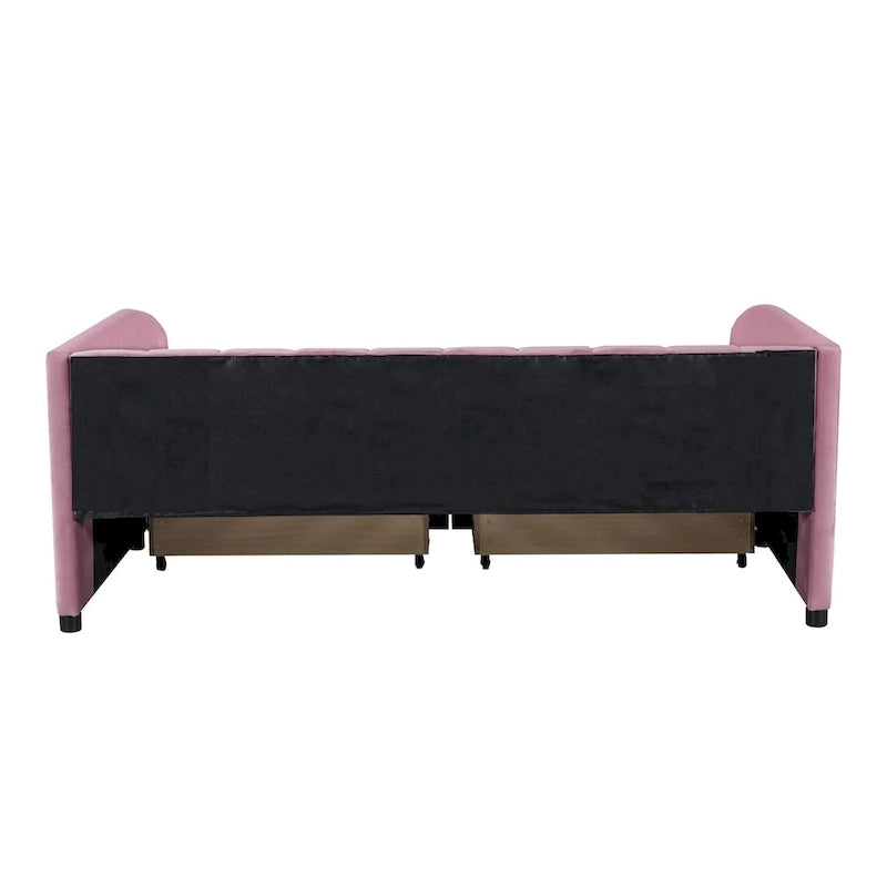 Divano letto singolo in velluto grigio/rosa/beige con testiera a righe e 2 cassetti (singolo)