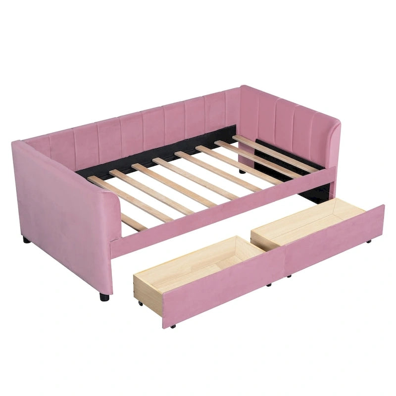Divano letto singolo in velluto grigio/rosa/beige con testiera a righe e 2 cassetti (singolo)