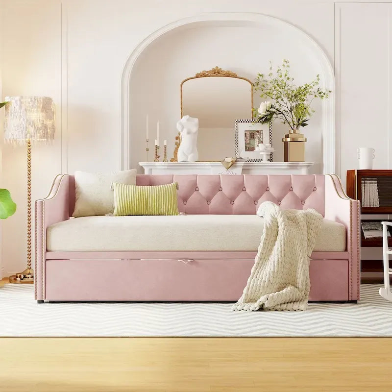 Lettino da giorno in velluto rosa / beige / grigio con letto estraibile a scomparsa (Singolo)