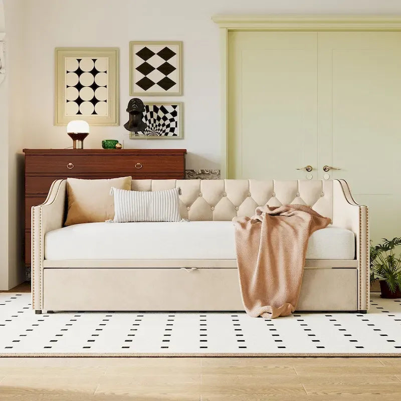 Lettino da giorno in velluto rosa / beige / grigio con letto estraibile a scomparsa (Singolo)