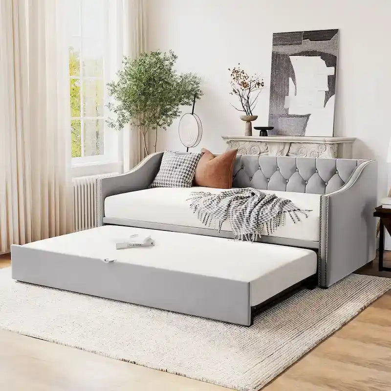 Lettino da giorno in velluto rosa / beige / grigio con letto estraibile a scomparsa (Singolo)