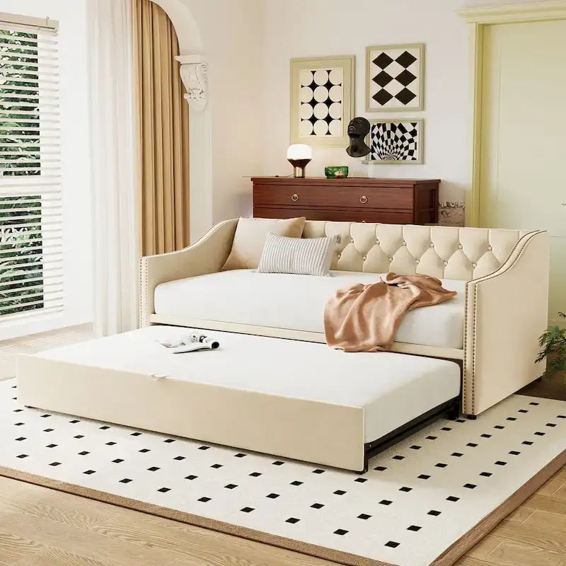 Lettino da giorno in velluto rosa / beige / grigio con letto estraibile a scomparsa (Singolo)