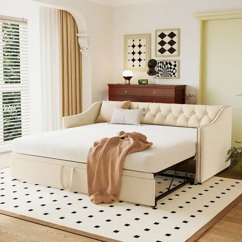 Lettino da giorno in velluto rosa / beige / grigio con letto estraibile a scomparsa (Singolo)