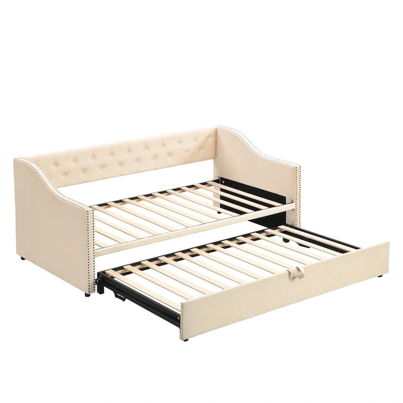 Lettino da giorno in velluto rosa / beige / grigio con letto estraibile a scomparsa (Singolo)