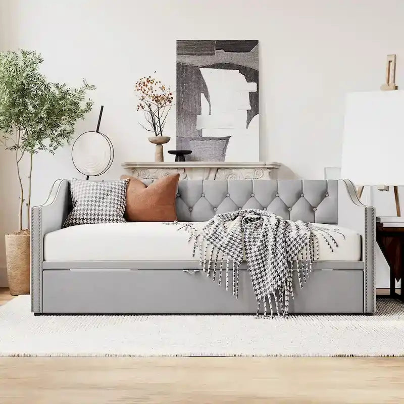 Lettino da giorno in velluto rosa / beige / grigio con letto estraibile a scomparsa (Singolo)
