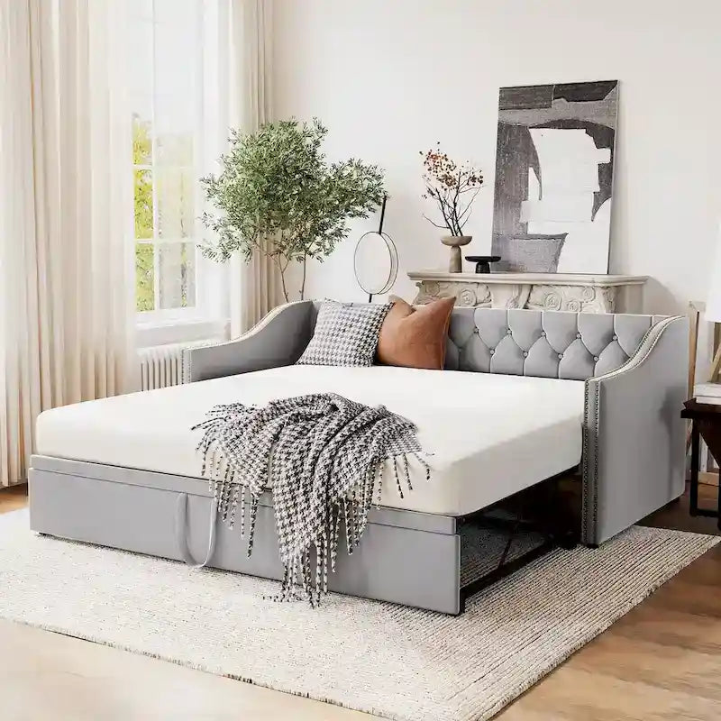 Lettino da giorno in velluto rosa / beige / grigio con letto estraibile a scomparsa (Singolo)