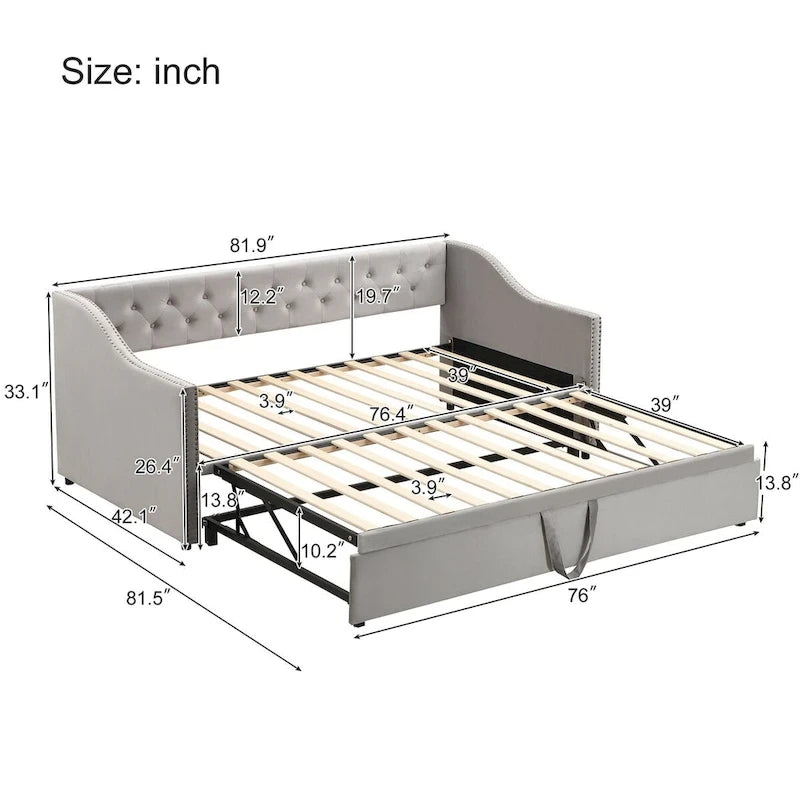 Lettino da giorno in velluto rosa / beige / grigio con letto estraibile a scomparsa (Singolo)