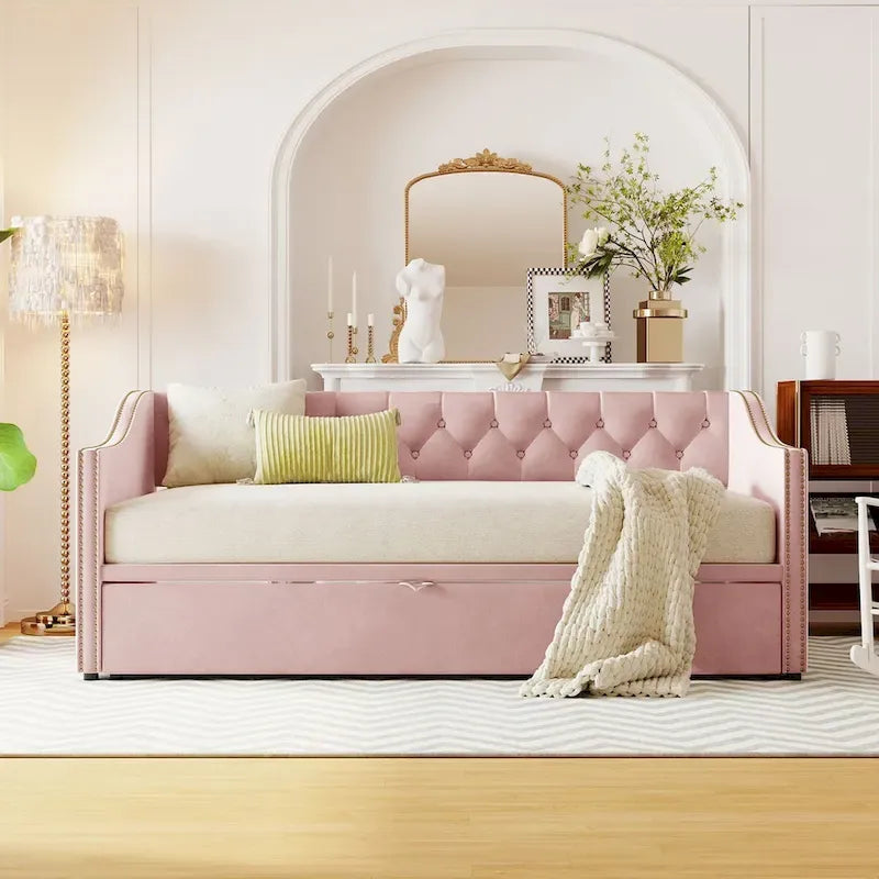 Lettino da giorno in velluto rosa / beige / grigio con letto estraibile a scomparsa (Singolo)