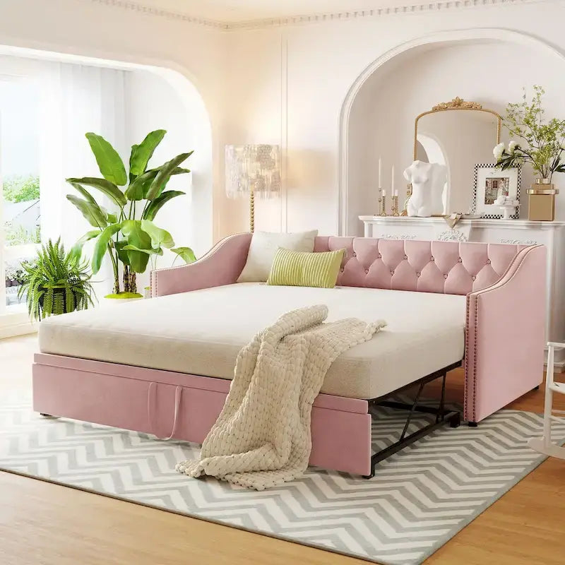 Lettino da giorno in velluto rosa / beige / grigio con letto estraibile a scomparsa (Singolo)