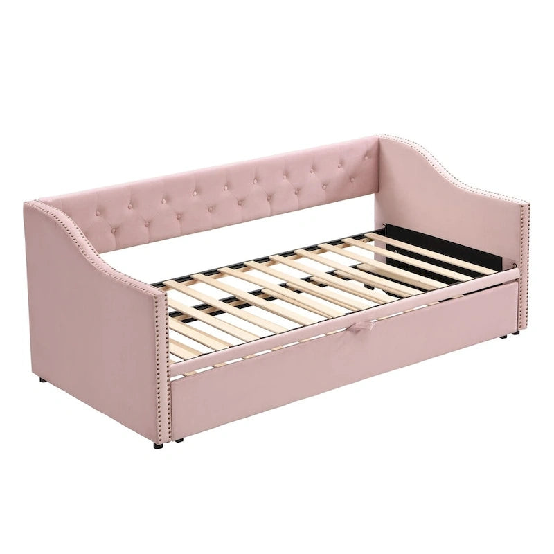 Lettino da giorno in velluto rosa / beige / grigio con letto estraibile a scomparsa (Singolo)