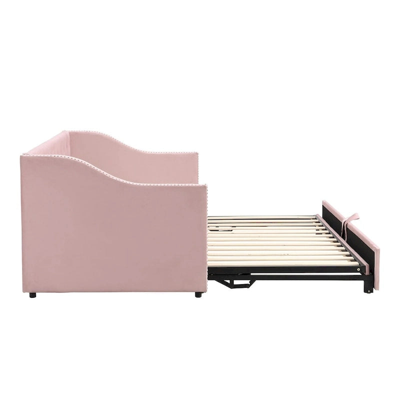 Lettino da giorno in velluto rosa / beige / grigio con letto estraibile a scomparsa (Singolo)
