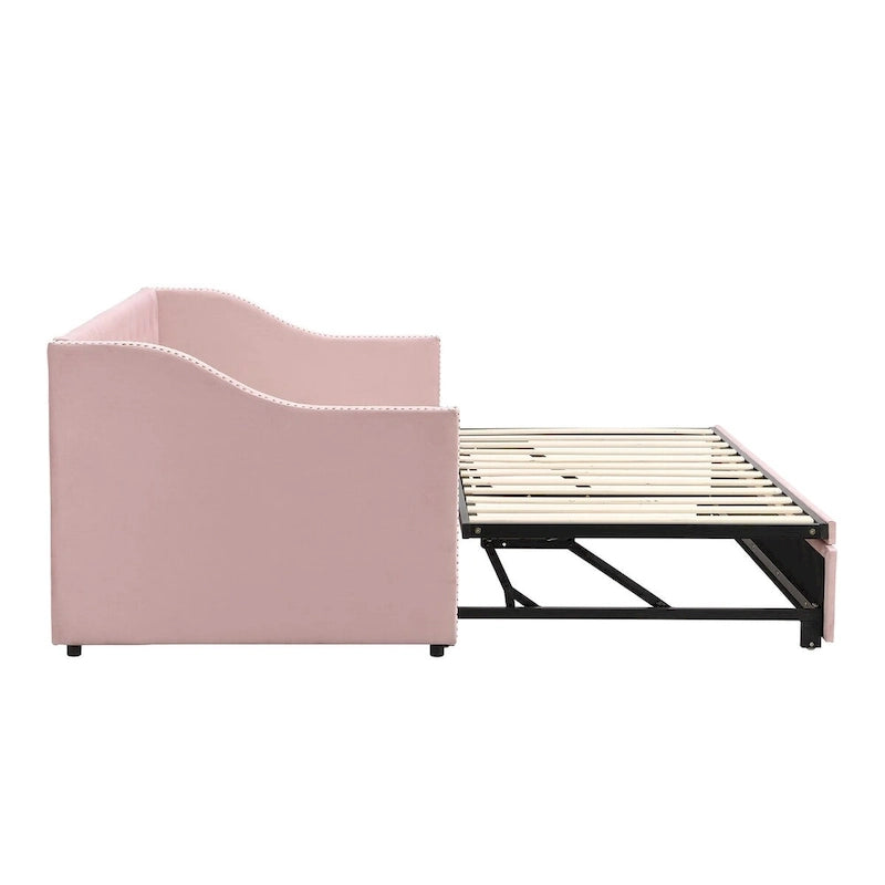 Lettino da giorno in velluto rosa / beige / grigio con letto estraibile a scomparsa (Singolo)