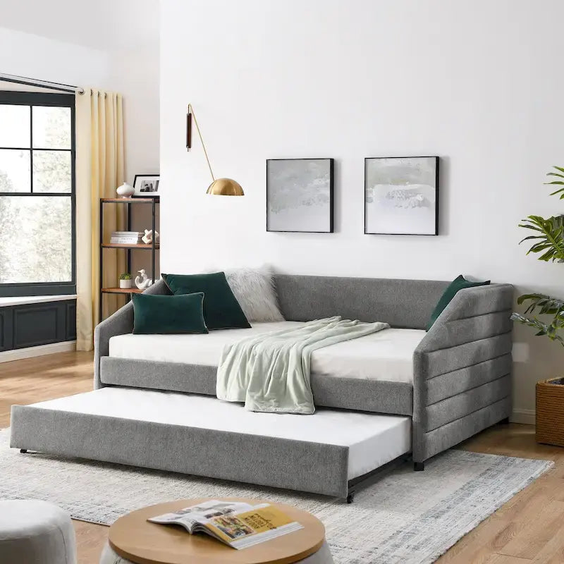 Lettino con schienale imbottito a rombi in lino grigio/beige a una piazza e mezza con letto estraibile (singolo)