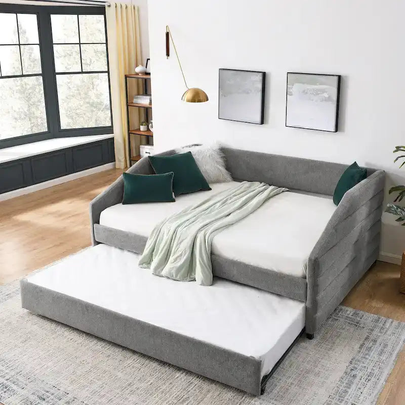 Lettino con schienale imbottito a rombi in lino grigio/beige a una piazza e mezza con letto estraibile (singolo)
