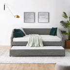 Lettino con schienale imbottito a rombi in lino grigio/beige a una piazza e mezza con letto estraibile (singolo)