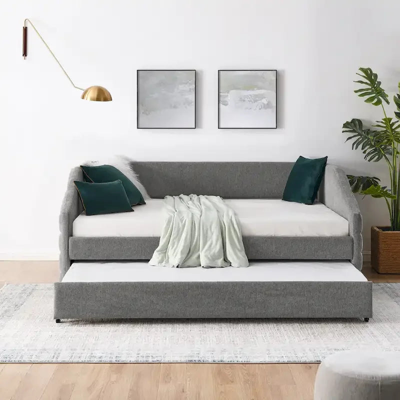 Lettino con schienale imbottito a rombi in lino grigio/beige a una piazza e mezza con letto estraibile (singolo)