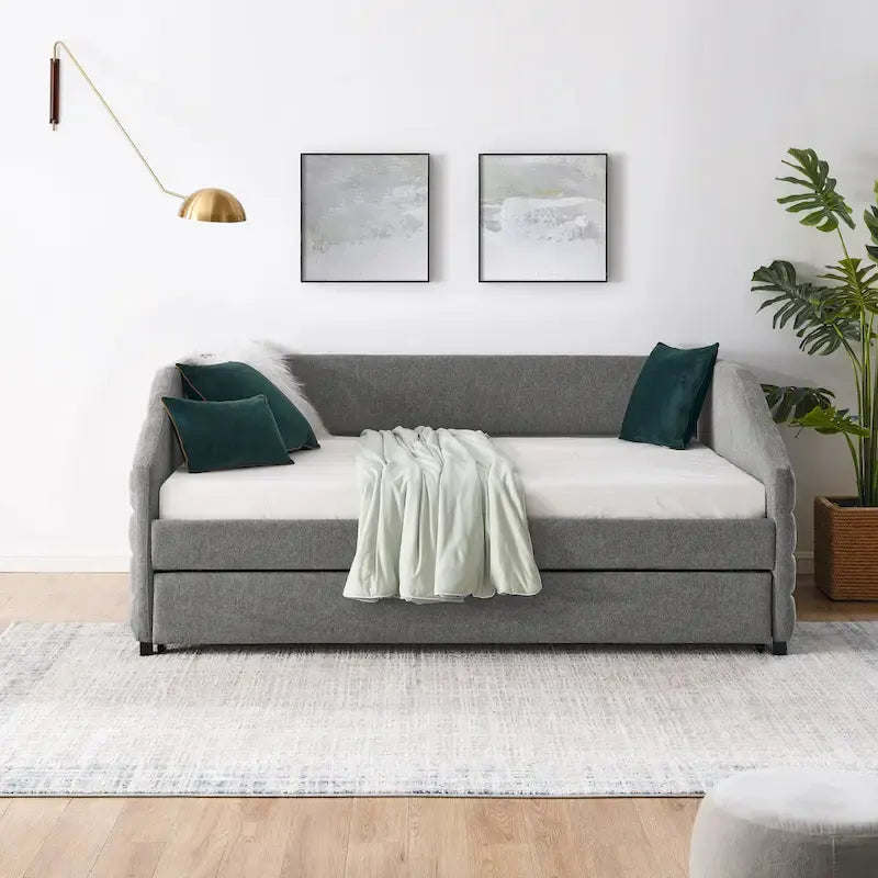 Lettino con schienale imbottito a rombi in lino grigio/beige a una piazza e mezza con letto estraibile (singolo)