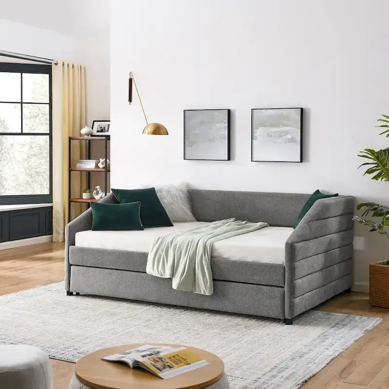 Lettino con schienale imbottito a rombi in lino grigio/beige a una piazza e mezza con letto estraibile (singolo)