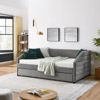 Lettino con schienale imbottito a rombi in lino grigio/beige a una piazza e mezza con letto estraibile (singolo)
