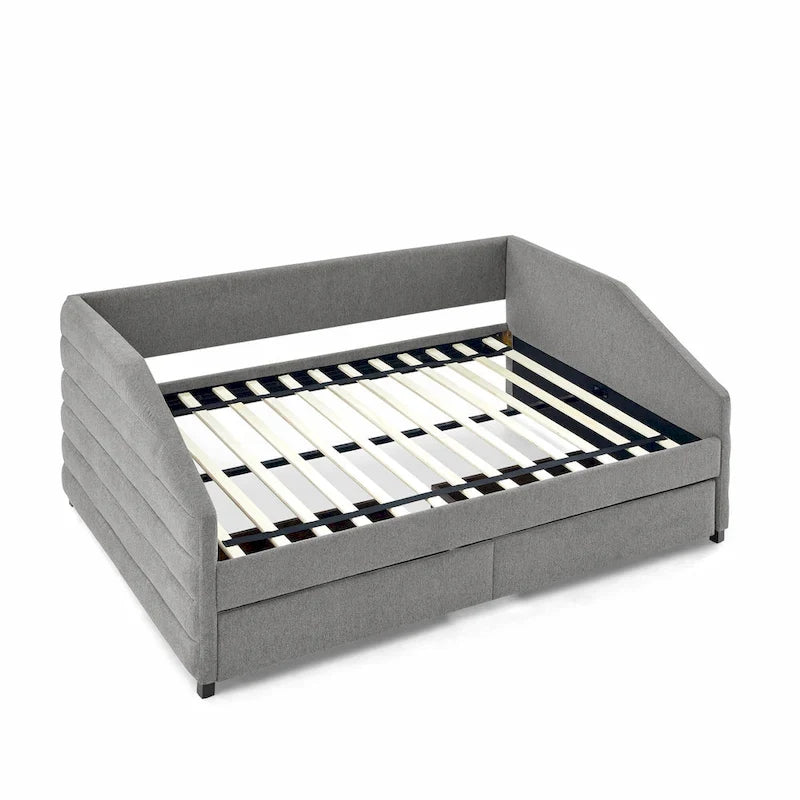 Lettino con schienale imbottito a rombi in lino grigio/beige a una piazza e mezza con letto estraibile (singolo)