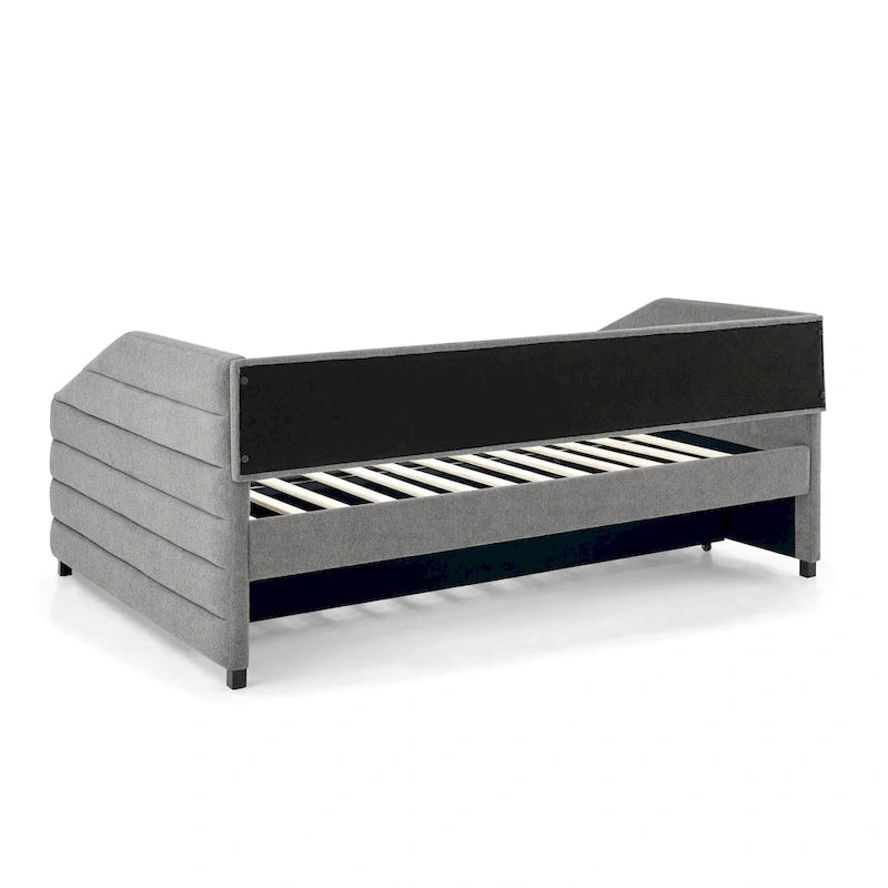 Lettino con schienale imbottito a rombi in lino grigio/beige a una piazza e mezza con letto estraibile (singolo)