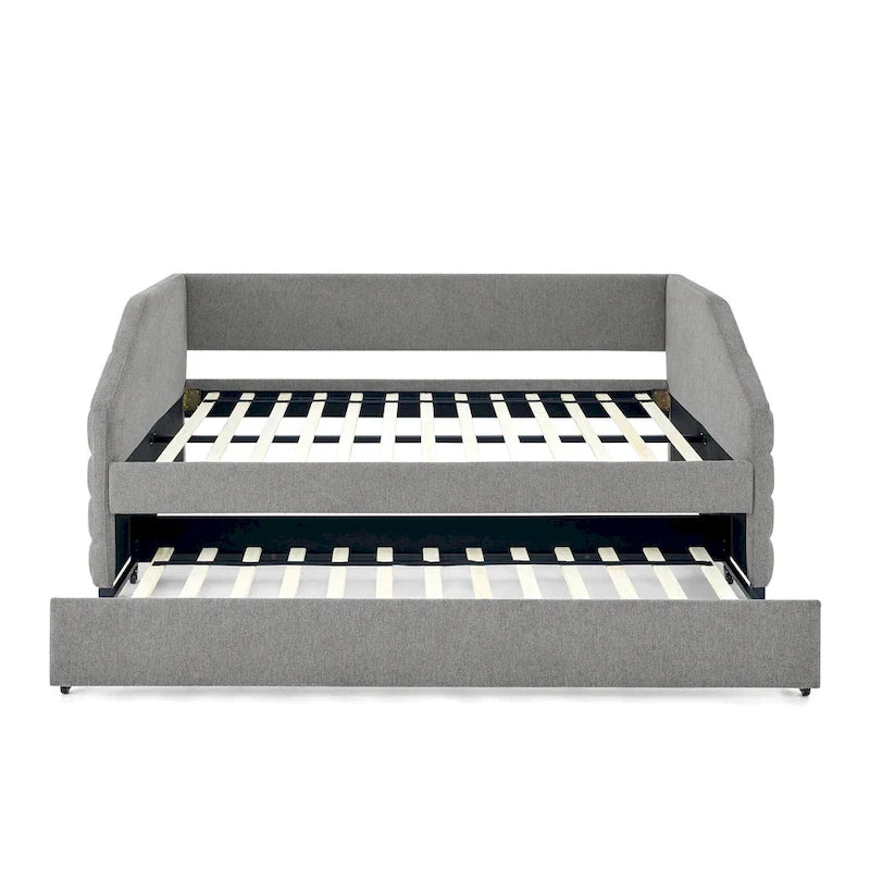 Lettino con schienale imbottito a rombi in lino grigio/beige a una piazza e mezza con letto estraibile (singolo)