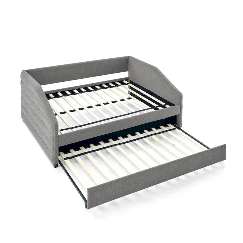 Lettino con schienale imbottito a rombi in lino grigio/beige a una piazza e mezza con letto estraibile (singolo)