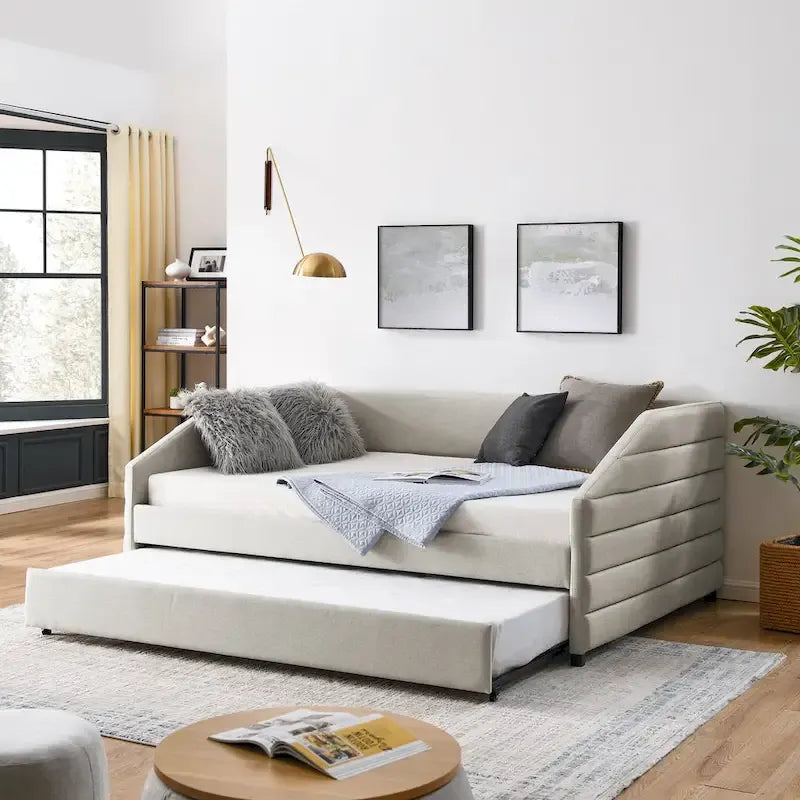 Lettino con schienale imbottito a rombi in lino grigio/beige a una piazza e mezza con letto estraibile (singolo)