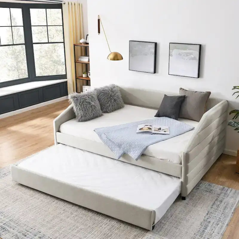 Lettino con schienale imbottito a rombi in lino grigio/beige a una piazza e mezza con letto estraibile (singolo)