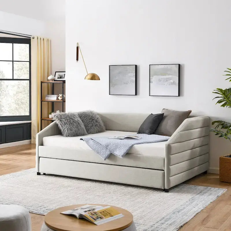 Lettino con schienale imbottito a rombi in lino grigio/beige a una piazza e mezza con letto estraibile (singolo)