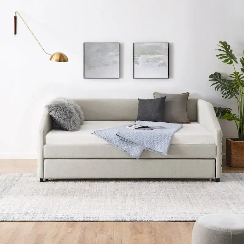 Lettino con schienale imbottito a rombi in lino grigio/beige a una piazza e mezza con letto estraibile (singolo)