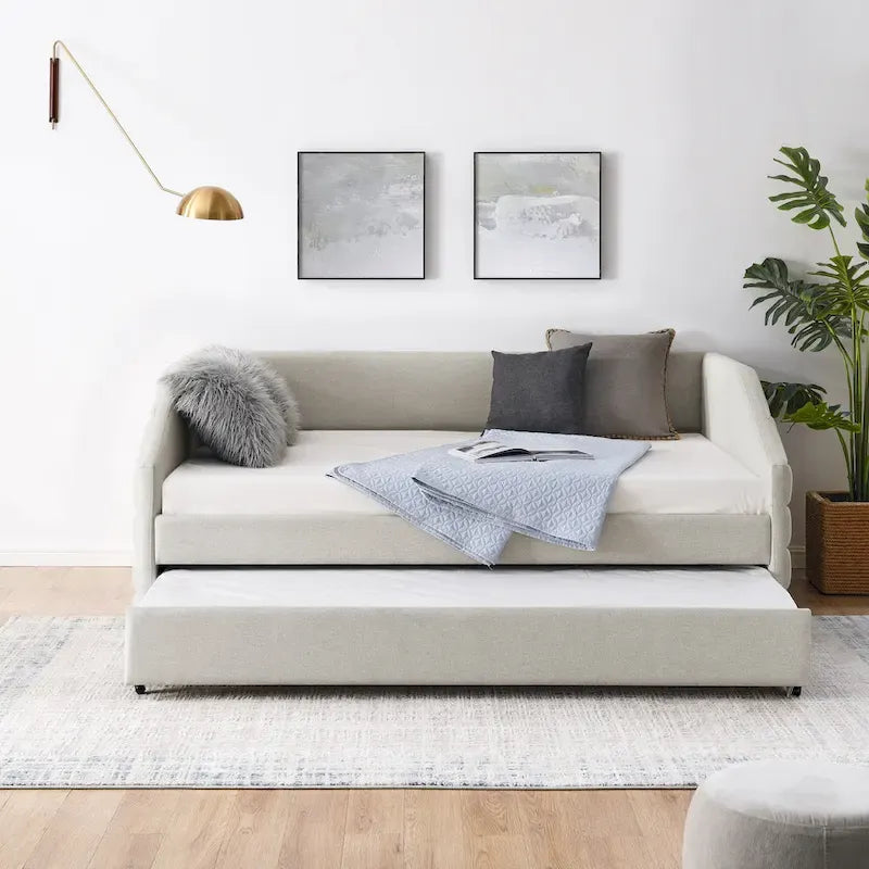 Lettino con schienale imbottito a rombi in lino grigio/beige a una piazza e mezza con letto estraibile (singolo)