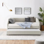 Lettino con schienale imbottito a rombi in lino grigio/beige a una piazza e mezza con letto estraibile (singolo)