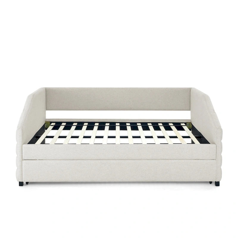 Lettino con schienale imbottito a rombi in lino grigio/beige a una piazza e mezza con letto estraibile (singolo)
