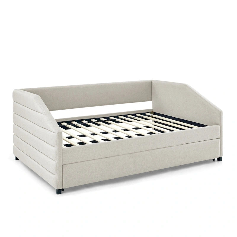 Lettino con schienale imbottito a rombi in lino grigio/beige a una piazza e mezza con letto estraibile (singolo)