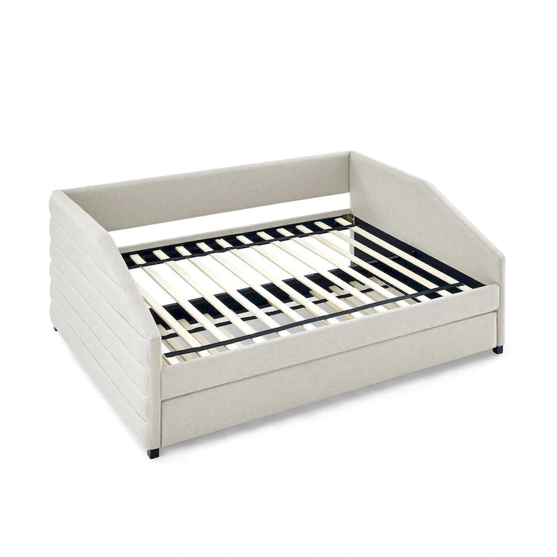 Lettino con schienale imbottito a rombi in lino grigio/beige a una piazza e mezza con letto estraibile (singolo)