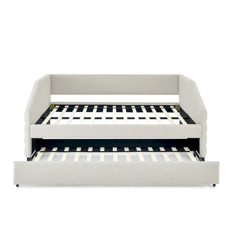 Lettino con schienale imbottito a rombi in lino grigio/beige a una piazza e mezza con letto estraibile (singolo)