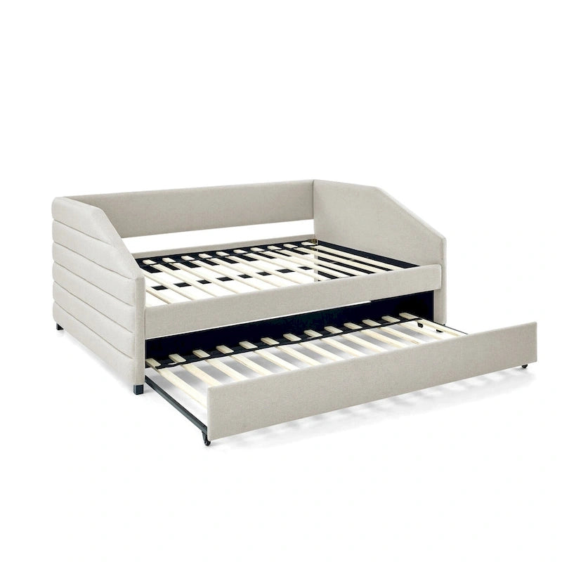Lettino con schienale imbottito a rombi in lino grigio/beige a una piazza e mezza con letto estraibile (singolo)