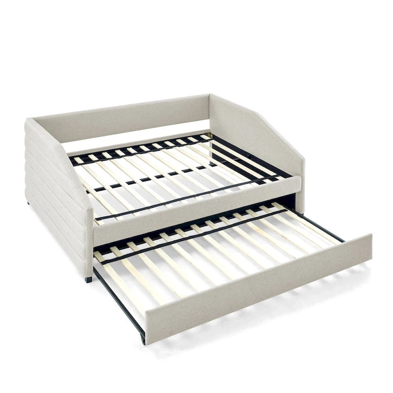 Lettino con schienale imbottito a rombi in lino grigio/beige a una piazza e mezza con letto estraibile (singolo)