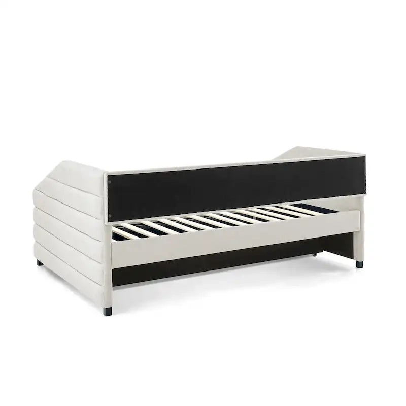 Lettino con schienale imbottito a rombi in lino grigio/beige a una piazza e mezza con letto estraibile (singolo)