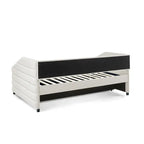 Lettino con schienale imbottito a rombi in lino grigio/beige a una piazza e mezza con letto estraibile (singolo)