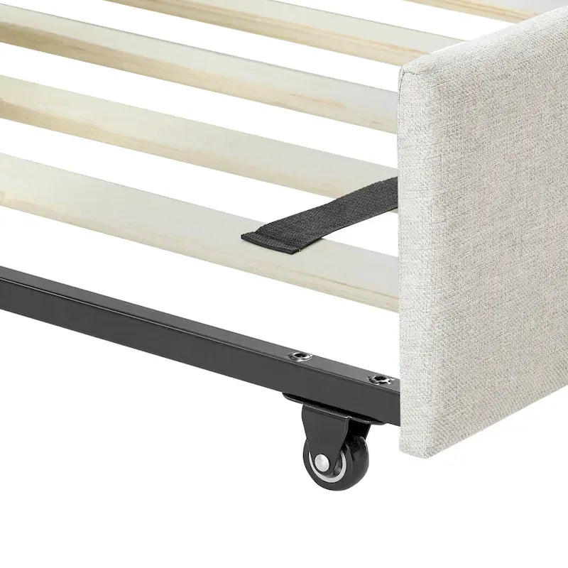 Lettino con schienale imbottito a rombi in lino grigio/beige a una piazza e mezza con letto estraibile (singolo)